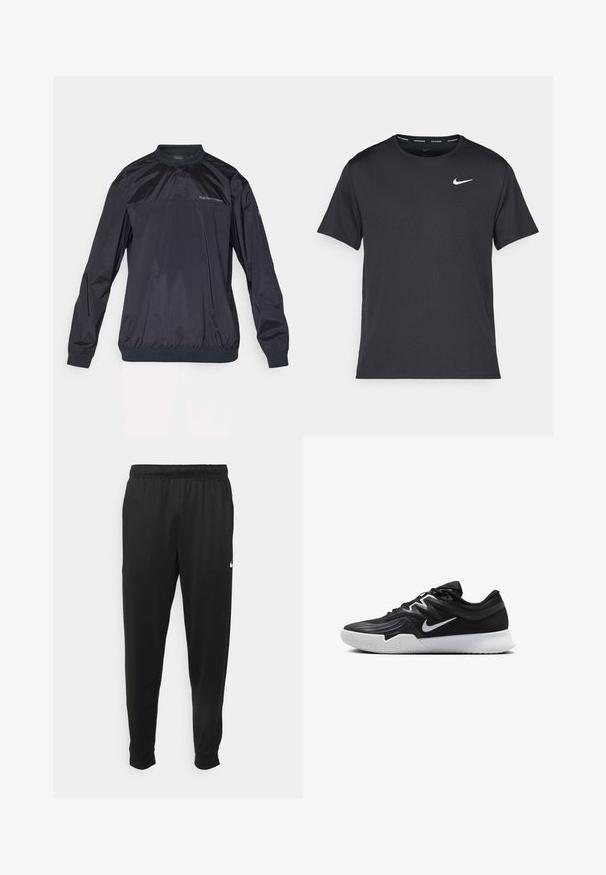 Dark navy pullover jacket made of lightweight, shiny material. Features a crew neck, elastic cuffs, and a subtly textured surface.; Black Nike running T-shirt made of lightweight, breathable material, featuring short sleeves and a small white logo on the chest.; Black athletic pants made of smooth fabric, featuring an elastic waistband, tapered legs, and a small white logo on the left side.; Black athletic shoe with a textured upper, white Nike swoosh, and a white rubber outsole. Features a lace-up design and dynamic shape.