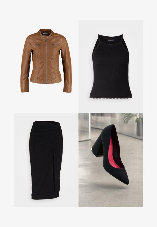 Brun skinnjakke med en tett passform, stående krage, glidelåslukking foran og to glidelåslommer på brystet. Glatt tekstur, ingen mønstre.; Svart ribbet tanktopp med scallop lace detaljer i kanten. Har tynne stropper og en kroppsnær design. Laget av elastisk stoff.; Svart, rynket blyantskjørt med knyting og sidelits. Laget av et elastisk stoff, med en glatt tekstur og en kroppsnær passform.; Svart høye hæler med spiss tå, teksturert overflate og en livlig rosa innside. Har en kraftig hæl med sølvdetaljer.