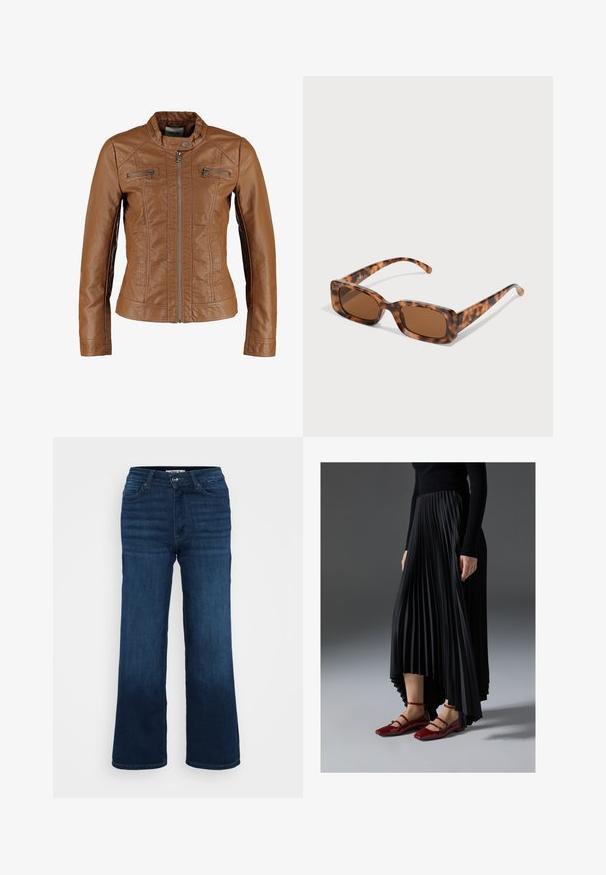 Bruine leren jas met een aansluitend ontwerp, staande kraag, ritssluiting aan de voorkant en twee ritszakken op de borst. Soepele textuur, geen patronen.; Even&Odd Petite 3 PACK - Longsleeve - black/white/light green; ONLY Petite ONLMADISON BLUSH WIDE - Wide leg - dark blue denim; Zwarte geplooide rok met een high-low zoom, gecombineerd met glanzende rode ballerina's met een bandontwerp. De stof heeft een soepele textuur.; Tortoiseshell zonnebril met rechthoekige bruine lenzen, een dik montuur en slanke armen met een patroon van variërende bruintinten.; Zilveren oorbellen in de vorm van een gladde, gepolijste ring. Ronde vorm met een veilige kliksluiting. Lichtgewicht ontwerp, geschikt voor dagelijks gebruik.