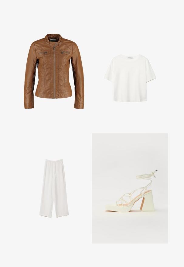 Brązowa skórzana kurtka o dopasowanym kroju, z podniesionym kołnierzem, zamek błyskawiczny z przodu oraz dwie kieszenie na piersi z zamkiem. Gładka tekstura, bez wzorów.; Biała koszulka z krótkim rękawem, wykonana z bawełny. Posiada okrągły dekolt i luźny krój. Gładka faktura bez widocznych wzorów czy akcentów.; Białe spodnie o szerokich nogawkach wykonane z lekkiego materiału. Posiadają elastyczny pas z sznurkiem i boczne kieszenie. Gładka tekstura.; Biała sandał na wysokim obcasie z masywnym słupkiem, z paskowym wzorem i wiązaniem przy kostce. Gładka faktura z platformą z przodu dla dodatkowej wysokości.