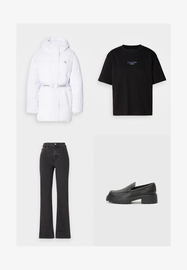 Balts pūkainais mētelis ar kapuci, jostai līdzīgu vidukļa dizainu un Calvin Klein logo. Iezīmēts ar kviltētu tekstūru un divām sānu kabatām.; Melna kokvilnas T-kreklu ar apaļu kaklu, īsām piedurknēm un zilu izšūtu "Calvin Klein JEANS" logo priekšpusē.; Melnas augstā jostasvietā plati izgrieztas džinsus no denima, ar pogu aizdari, jostas cilpām un sānu kabatām. Gluda tekstūra ar minimālu izbalēšanu.; Melnas ādas mokasīni ar noapaļotu purngalu, biezs teksturēts zoles un minimālas dūriena detaļas. Gluds dizains bez redzamām auklām vai metāla elementiem.