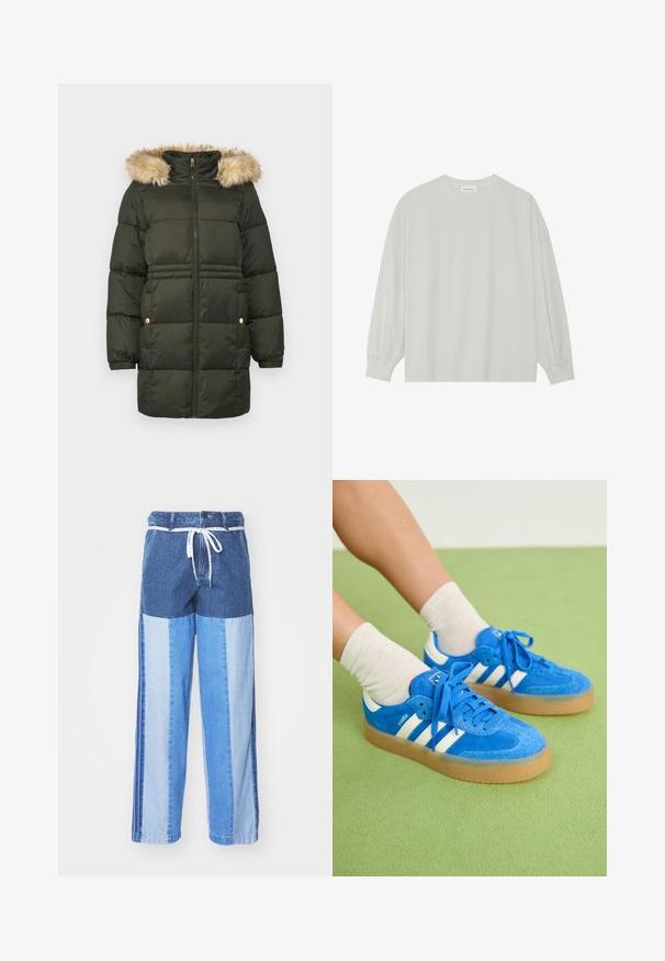 Tūrinio parka striukė tamsiai žalia spalva, su dirbtinio kailio gobtuvu, pilnu užtrauktuku ir auksinėmis detalėmis kišenėse. Lygus audinys, iki kelių siekiantis modelis.; Šviesiai pilkas ilgomis rankovėmis marškinėliai, pagaminti iš minkštos medvilnės. Sukurtas laisvam prigludimui, apvaliu iškirpimu ir švelniai susigūžusiomis rankovėmis. Be raštų ar piešinių.; Mėlyni džinsiniai aptiniai su įvairių atspalvių mėlyno audinio intarpais, su tamprių juosmeniu ir laisvais, tiesiais kirpimais.; Mėlyni zomšiniai sportbačiai su baltais dryžiais, guminiu padu, apvaliu pirštu ir audiniais raišteliais. Derinami su kremine spalvos kojinėmis ant žaliavos.