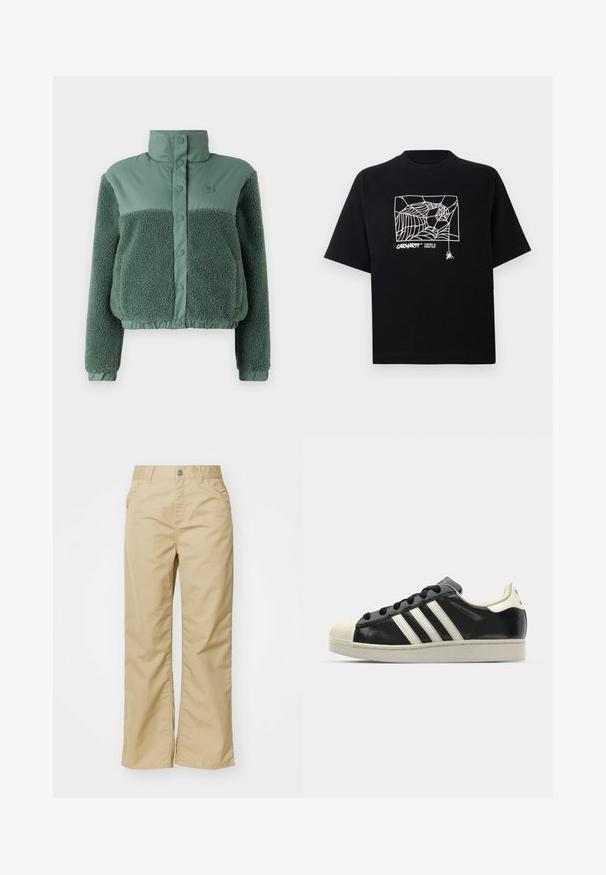 Green jacket featuring a textured, fuzzy fleece lower section and a smooth upper section with a high collar and snap buttons.; Black T-shirt made of cotton with short sleeves. Features a white spider web graphic and logo on the front. Simple rounded neckline.; Beige cotton wide-leg trousers with a smooth texture, featuring front pockets and a silver button at the waistband.; Black leather sneaker with white stripes, rubber toe cap, black laces, and a cream-colored outsole. Smooth texture with shiny finish.