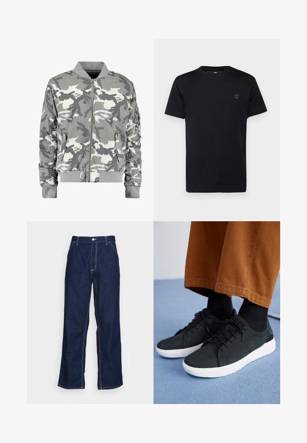 Tarnfarbenes Bomberjacke in Grautönen und Weiß, mit Reißverschluss vorne, geripptem Kragen und seitlichen Taschen sowie raffinierten Ärmeldetails.; Schwarzes Baumwoll-T-Shirt mit Rundhalsausschnitt, kurzen Ärmeln und einem kleinen, gestickten Logo auf der Brust. Glatte Textur, klassischer Schnitt.; Dunkelblaue Denim-Hosen mit weitem Bein, hoher Taille, Fronttaschen und kontrastierendem weißen Nähten entlang der Säume.; Schwarze Wildleder-Sneaker mit weißen Gummisohlen, mit Schnürdesign, strukturierten Akzenten und dezentem Branding, kombiniert mit braunen Hosen.