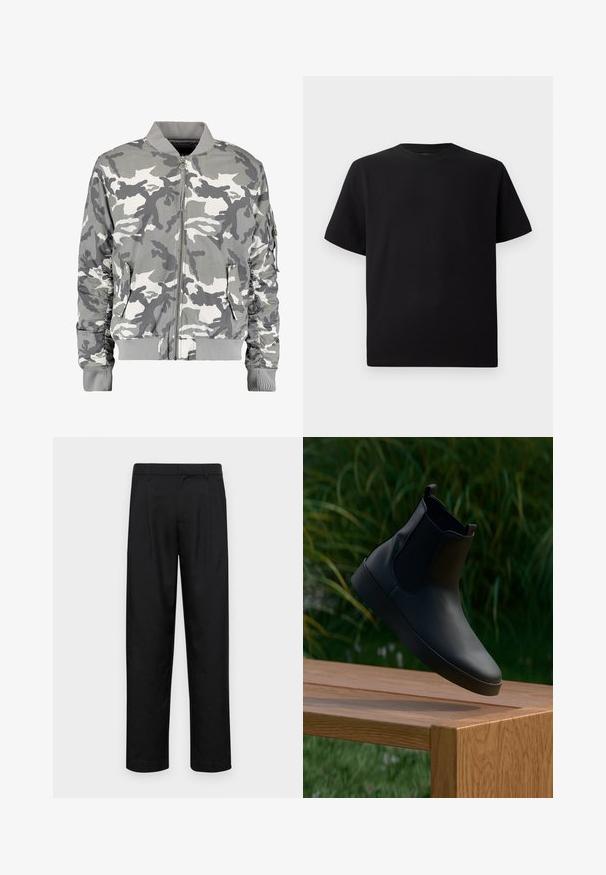 Camouflage bomberjack in grijstinten en wit, met een ritssluiting aan de voorkant, ribbelkraag en zijzakken met gathered mouwdetails.; Zwarte T-shirt met korte mouwen van gemerceriseerd stof, met een ronde halslijn en een relaxte pasvorm. Eenvoudig, zonder patronen of accenten.; Zwarte broeken van gladde stof, met een recht model, twee voorknikken en een standaard tailleband met riemlussen.; Zwarte leren enkelboot met elastische zijpanelen, gladde textuur, ronde neus en platte zool, geplaatst boven een houten tafel tegen een groene achtergrond.