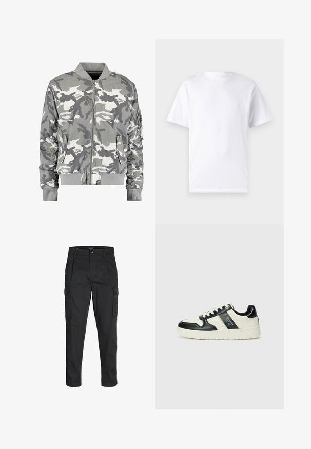 Maskovacia bomber bunda v odtieňoch šedej a bielej, s predným zipsom, rebrovaným golierom a bočnými vreckami s zberanými detailmi na rukávoch.; Biela krátka rukávová tričko vyrobené z bavlny s okrúhlym výstrihom, s hladkou textúrou a jednoduchým dizajnom bez vzorov alebo akcentov.; Čierne cargo nohavice z odolnej látky, s viacerými vreckami, gombíkovým zapínaním a úzkym strihom so zúženými nohavicami.; Kožené tenisky v čierno-krémovej farbe, s perforovanými akcentmi, polstrovaným golierom a štruktúrovanou podrážkou.