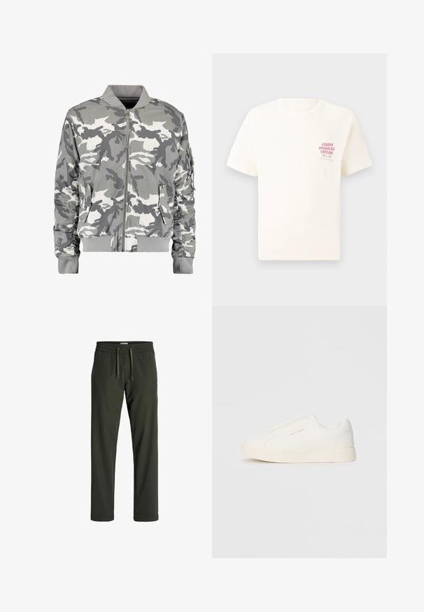 Kamuflaažibomber jakk erinevates hallides ja valgetes toones, millel on tõmblukk, ribikrae ja küljetaskud, samuti kogutud varrukad.; Valge lühikeste varrukatega T-särk, millel on vasakul rinnal punane tekst "Studio Originals Edition", esitatud neutraalsel hallil taustal.; Tumedad rohelised dressipüksid elastse vöökoha, reguleeritava paelaga ja sirgete jalgadega. Valmistatud pehmest, hingavast kangast.; Valged libisemiskindlad tossud tekstuuriga pinnaga, paksu tallaga ja minimalistikus disainis. Küljel on brändi logo.