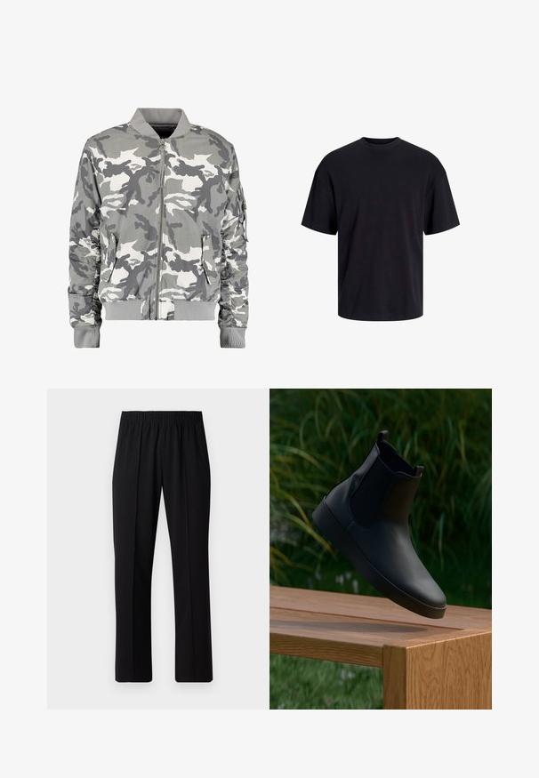 Kamuflaažine bombersjakke i različitim nijansama sive i bijele boje, sa zatvaračem sprijeda, rebrastim ovratnikom, bočnim džepovima i detaljima na rukavima sa naborima.; Musta puuvillapaita, jossa on pyöreä kaula-aukko, lyhyet hihat ja rento muotoilu. Yksinkertainen ja sileä pinta, ilman näkyviä kuvioita tai koristeita.; Mustat, joustavat vyötäröhousut suoralla lahkeella, joissa on sileä pinta ilman näkyviä kuvioita tai metalliosia.; Mustat nahkasaappaat nilkkapituisilla joustoilla, sileä pinta, pyöreä varvas ja litteat pohjat, asetettu puupöydän päälle vihreyden taustalla.