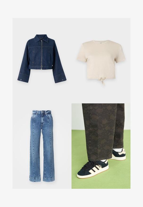 Object OBJBOLETTA JACKET - Džínová bunda - dark blue denim; Zkrácený béžový tričko vyrobené z lesklého materiálu s krátkými rukávy a uzlovým detailem na dolním okraji. Hladká textura a kulatý výstřih.; Světle modré džíny širokého střihu s vysokým pasem, s předními kapsami a prošívanými detaily. Spodní lem je ohrnutý a sešitý.; Černé a vzorované kalhoty spárované s tmavě modrými semišovými teniskami s krémovými pruhy a bílými podrážkami. Povrchy jsou zobrazeny jako texturované a rovné.