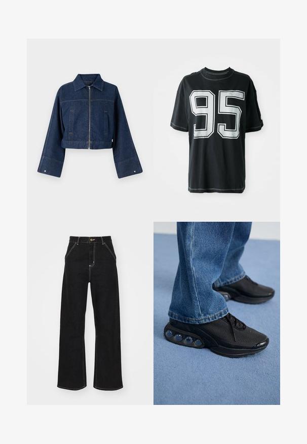 Object OBJBOLETTA JACKET - Jeansjakke - dark blue denim; Svart bomull T-skjorte med korte ermer, med hvit trykket nummer "95" foran og kontrasterende søm langs kantene.; Svarte vide jeans laget av denim, med kontrasterende hvite sømmer og en frontknapplukking, samt to skrå frontlommer.; Svart treningssko med mesh-overdel, teksturerte detaljer og synlige luftputepoder i sålen. Bærer med blå denimjeans.