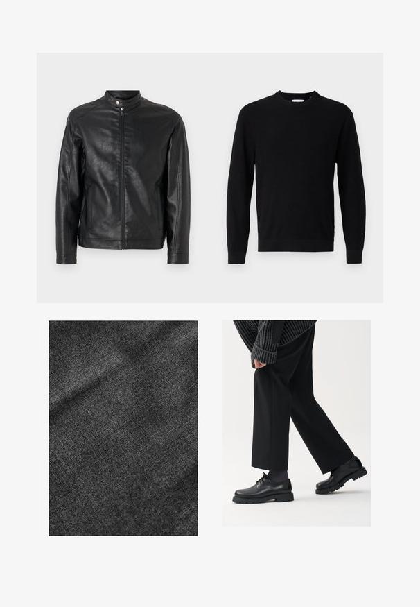 Czarna skórzana kurtka z kołnierzem stójkowym, zapięciem na zamek z przodu i kieszeniami bocznymi. Gładka tekstura z minimalnymi detalami wzorniczymi.; Czarny sweter dzianinowy z okrągłym dekoltem, długimi rękawami i prążkowaną fakturą. Posiada prosty dół i minimalistyczny design.; Teksturalna czarna tkanina z miękką, lekko błyszczącą powierzchnią, prezentująca subtelny wzór splotu i gładki układ.; Czarne skórzane buty z okrągłym noskiem, sznurowanym zapięciem i grubą, fakturowaną podeszwą. Noszone z dopasowanymi czarnymi spodniami i swetrem z prążkowanej tkaniny.