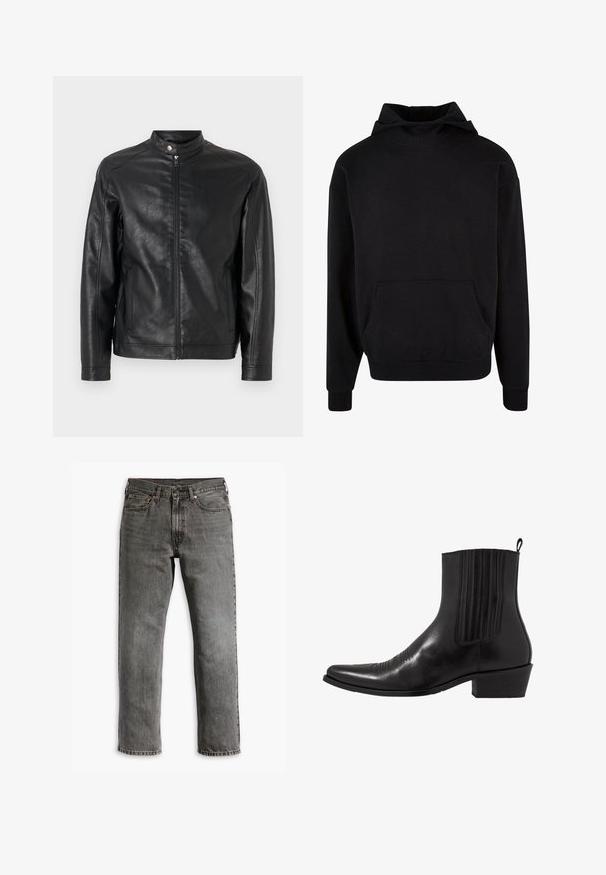 Veste en cuir noir avec un col montant, fermeture éclair sur le devant et poches latérales. Texture lisse avec des détails de design minimaux.; Sweatshirt à capuche noir en tissu doux, avec une poche kangourou, des poignets côtelés et une coupe décontractée. Texture lisse, design minimaliste.; Jean en denim gris avec une coupe droite, un design à cinq poches et des éléments en laiton pour la fermeture et les accents. Texture déchirée visible.; Bottine noire en cuir avec un bout pointu, des panneaux latéraux élastiques, des accents de coutures verticales et un petit talon bloc.