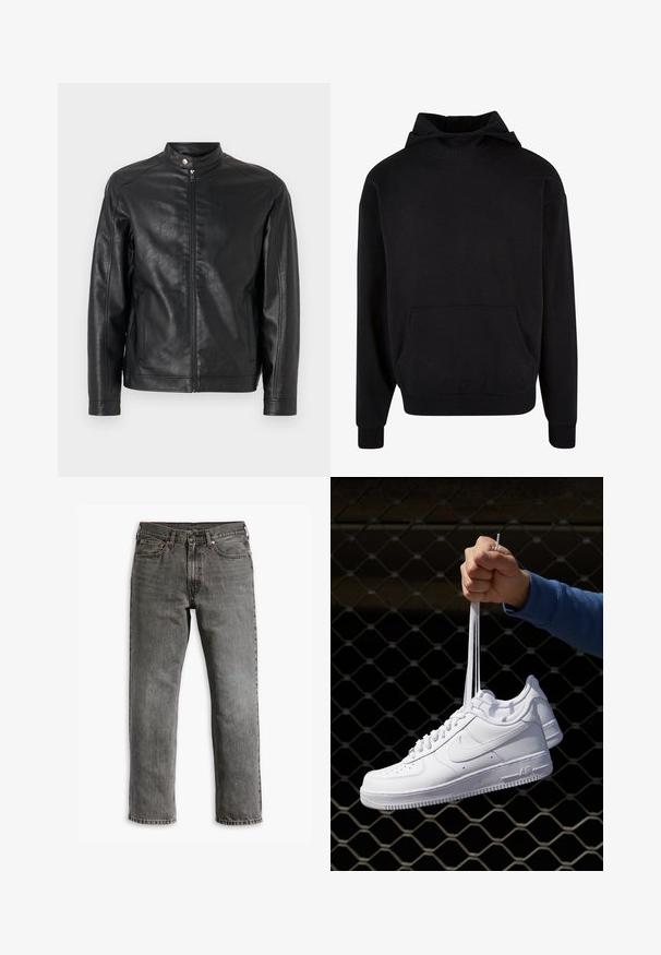 Giubbotto di pelle nera con colletto alto, chiusura frontale con zip e tasche laterali. Texture liscia con dettagli di design minimi.; Felpa nera con cappuccio realizzata in morbido tessuto, caratterizzata da una tasca a marsupio, polsini a coste e una vestibilità comoda. Texture liscia, design minimalista.; Jeans in denim grigio con taglio dritto, design a cinque tasche e dettagli in metallo ottone per chiusura e accenti. Texture invecchiata visibile.; Sneakers in pelle bianca con perforazioni, punta rotonda, suola piatta e lacci spessi, con logo swoosh visibile e "AIR" sul tallone.