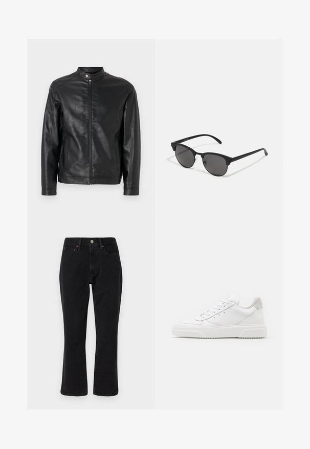 Black leather jacket with a standing collar, front zipper closure, and side pockets. Smooth texture with minimal design details.; White cotton t-shirt featuring short sleeves, crew neck, and a red graphic text "DELICIOUS REFRESHING FRUIT" on the front.; Black denim jeans featuring a straight leg design, five-pocket style, and metal hardware with copper accents. Smooth texture and medium rise.; White leather sneakers with a smooth finish, rounded toe, flat laces, and a textured sole. Grey suede accent at the heel.; Black sunglasses with round lenses, matte finish, and distinctive cat-eye shape. Slim arms with subtle branding on the left temple.