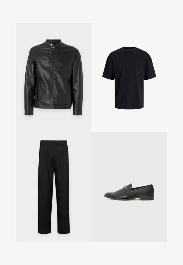 Schwarze Lederjacke mit Stehkragen, vorderer Reißverschlussschnürung und Seitentaschen. Glatte Textur mit minimalen Design-Details.; Schwarzes Baumwoll-T-Shirt mit Rundhalsausschnitt, kurzen Ärmeln und lässiger Passform. Glatte Oberflächenstruktur und keine sichtbaren Muster oder Akzente.; Schwarze Hose aus glattem Stoff, mit geradem Bein Design, zwei vorderen Falten und einem Standardbund mit Gürtelschlaufen.; Schwarzer Lederloafer mit glatter Oberfläche, ausgestattet mit einer gesteppten Gestaltung und einem dekorativen Metallkettendetail über dem Vorderblatt. Flacher Absatz.