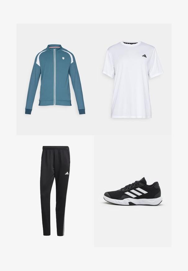 Turkizna jakna na zadrgo z belimi detajli, dolgi rokavi, stoječ ovratnik in logo na levem prsnem delu. Gladka tekstura in ozek kroj.; Bela športna majica s kratkimi rokavi, izdelana iz tkanine, ki odvaja vlago. Ima črn logotip na levem prsnem delu in vzorčasto notranjo vratno odprtino.; Črne atletske hlače z raztegljivim pasom, belimi stranskimi črtami in majhnim belim logotipom na stegnu. Narejene so iz gladkega, lahkega materiala.; Črne atletske čevlje z strukturiranim mrežastim zgornjim delom, belimi poudarnimi črtami, oblazinjenim podplatom in ojačanim petnim delom za podporo.