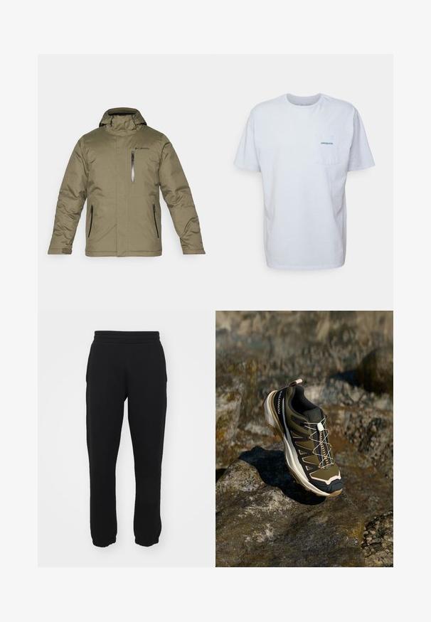 Olive zaļš izolēts jaka ar kapuci. Iekļauj priekšējo rāvējslēdzēju un divus sānu rāvējslēdzējus. Gluda tekstūra un Columbia logo uz krūtīm.; Balts kokvilnas T-krekls ar īsām piedurknēm, apaļu kakla izgriezumu un kreisajā krūtī kabatu ar zilu "Patagonia" logotipu. Klasiska piegriezuma ar gludu struktūru.; Melnas sporta bikses, izgatavotas no kokvilnas maisījuma, ar elastīgu jostu, sašaurinātām kājām un ribotām aprocēm pie potītēm. Vienkāršs dizains, bez rakstiem.; Tūrisma apavi olīvzaļā un melnā krāsā ar rozā akcentiem. Iespējas ietver teksturētu virsu, elastīgu zoli, pastiprinātu purngalu un krāsainu šņorējuma sistēmu.