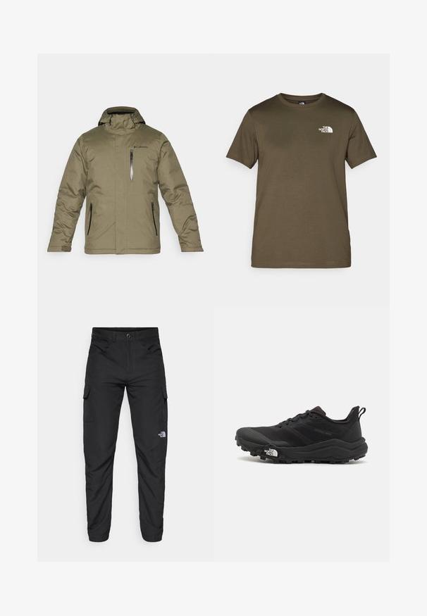 Olive green insulated jacket with a hood. Features front zipper and two side zippers. Smooth texture and Columbia logo on chest.; Olive green cotton t-shirt with short sleeves, crew neck, and a white logo on the left chest. Smooth fabric texture, regular fit.; The North Face HORIZON PANT - Outdoor trousers - black; Black trail running shoe with a textured upper, rubber sole, and reinforced toe cap. Features a padded collar and pull tab for easy wear.