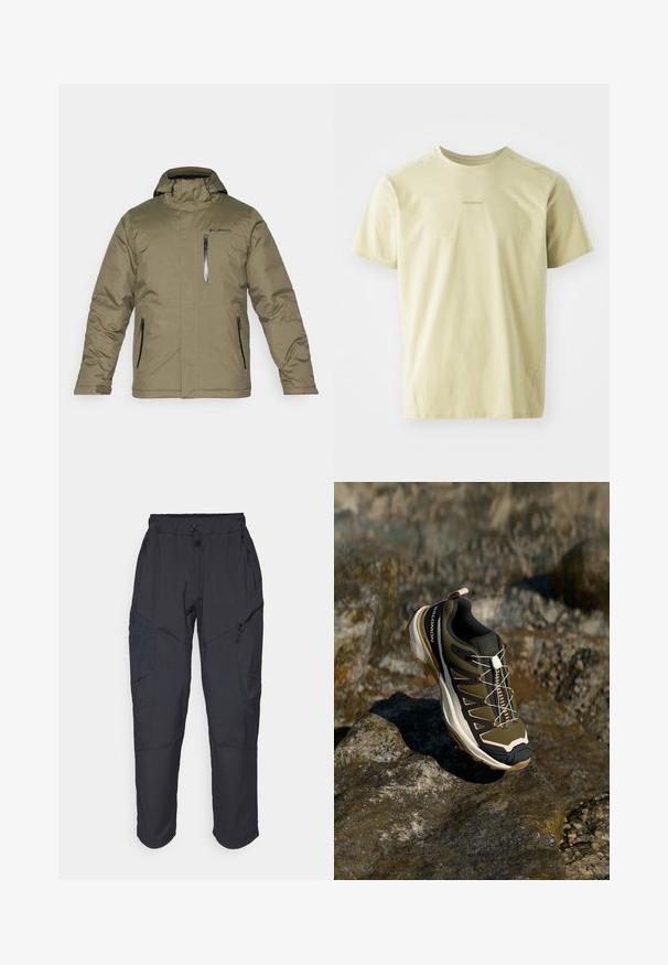 Olive green insulated jacket with a hood. Features front zipper and two side zippers. Smooth texture and Columbia logo on chest.; Salomon TRACKLINE TEE - Sports T-shirt - gray green; Black cargo pants made from a lightweight, water-resistant material; features elastic waistband, multiple zippered pockets, and tapered legs.; Hiking shoe in olive green and black with pink accents. Features a textured upper, flexible sole, reinforced toe cap, and colorful lacing system.