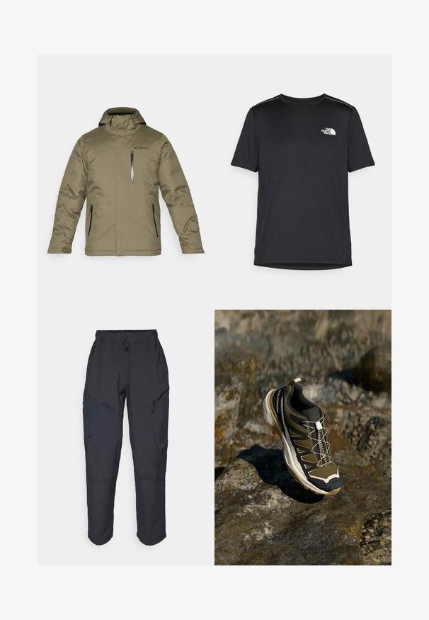 Tamsiai žalia izoliacinė striukė su gobtuvu. Yra priekinis užtrauktukas ir du šoniniai užtrauktukai. Lygi struktūra ir Columbia logotipas ant krūtinės.; Juodas trumpas rankovės marškinėliai, pagaminti iš lengvos medžiagos. Yra mažas baltas logotipas kairiajame krūtinės pusėje ir subtilūs pečių akcentai.; Juodos krovinių kelnės, pagamintos iš lengvos, vandeniui atsparios medžiagos; turi elastingą juosmenį, kelis užtrauktukais uždaromus kišenes ir siaurėjančius šonus.; Žygio batai olivų žalios ir juodos spalvos su rožiniais akcentais. Turi tekstūruotą viršutinę dalį, lankstų pado tipą, sustiprintą pirštų dalį ir spalvingą raištelių sistemą.