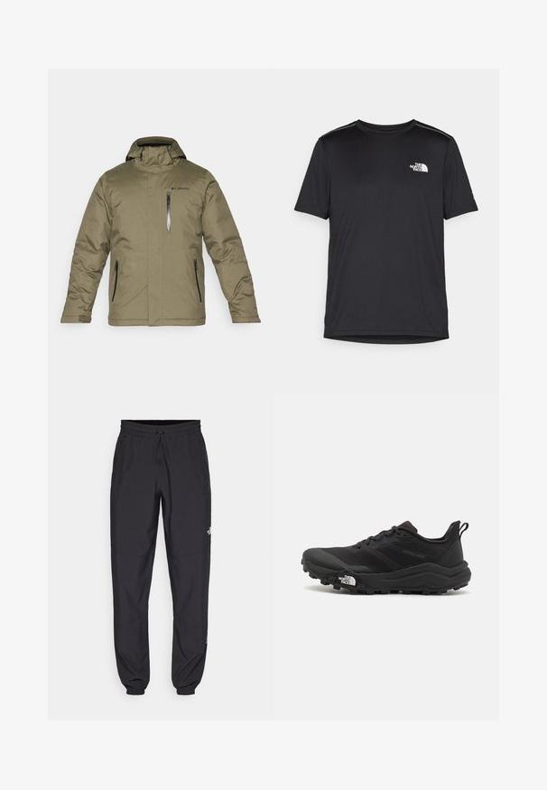 Jachetă izolată de culoare verde măslin, cu glugă. Dispune de un fermoar frontal și două fermoare laterale. Textură netedă și logo Columbia pe piept.; Tricou negru cu mânecă scurtă, realizat dintr-un material ușor. Prezintă un mic logo alb pe pieptul stâng și accente subtile pe umeri.; Pantaloni atletici negri, confecționați dintr-un material ușor, cu un tiv elastic la talie, buzunare laterale și tivuri ajustate la gleznă.; Pantofii de alergare pe teren accidentat, de culoare neagră, cu un superior texturat, talpă din cauciuc și vârf întărit. Prezintă un guler căptușit și o bandă de prindere pentru îmbrăcare ușoară.