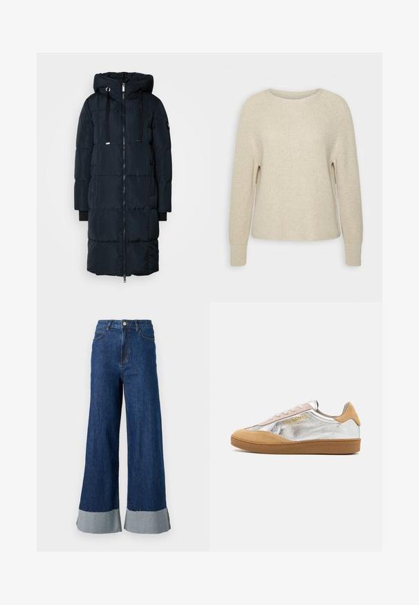 Mos Mosh SQUARE COAT - Páperový kabát - navy; Svetlorožový pletený sveter s okrúhlym výstrihom, raglánovými rukávmi a rebrovanými manžetami. Textúra je mäkká s uvoľneným strihom a minimálnym zdobením.; Džíny s širokými nohavicami a tmavomodrým umývaním, s kontrastným svetlomodrým manžetom a klasickým dizajnom s piatimi vreckami.; Strieborné a béžové semišové tenisky s textúrovanou gumovou podrážkou, béžovými šnúrkami a logom potlačeným v žltej farbe na boku.