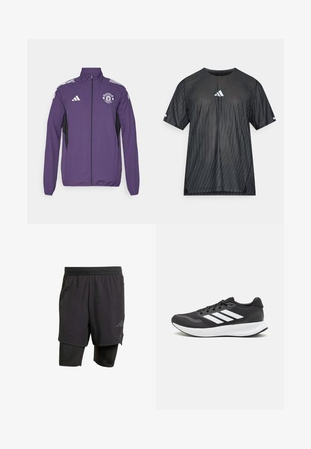Lilla zip-up jakke lavet af letvægtsstof, med sorte sidepaneler, hvide adidas-striber og et Manchester United-logo på brystet.; Sort atletik t-shirt med korte ærmer, der har et tekstureret diagonalt stribemønster og en hvid Adidas-logo på brystet og ærmerne.; Svarte atletiske shorts med integreret inderlag, lavet af åndbart stof. Har diskret logo og struktureret tekstur. Justerbar talje.; Sort atletik sko med åndbart mesh-overdel, hvide accenter og en polstret sål. Har tre-stripes logo på siden.