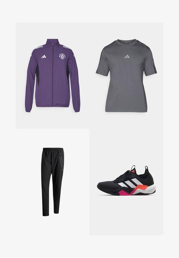 Fialová bunda na zips vyrobená z ľahkého materiálu, s čiernymi bočnými panelmi, bielymi prúžkami adidas a logom Manchester United na hrudi.; Šedé športové tričko vyrobené z mäkkej tkaniny, s krátkymi rukávmi, okrúhlym výstrihom a malým reflexným logom na hrudi. Priesvitné akcenty na ramenách.; Čierne športové nohavice s elastickým pásom, dvoma bočnými zipsovými vreckami, zužujúcimi sa nohavicami a nenápadným detailom loga na bokoch.; Čierne športové topánky s bielymi pruhmi, textúrovaný zvršok a masívna podrážka s oranžovými, ružovými a bielymi detailmi. Šnurovací dizajn s pútkom.