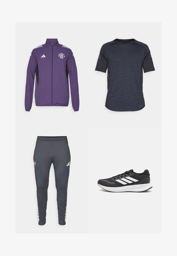 Violet zip-up striukė pagaminta iš lengvos medžiagos, turi juodus šoninius intarpus, baltas adidas juostas ir Mančesterio „United“ logotipą ant krūtinės.; Tamsiai pilkos spalvos trumpomis rankovėmis sportinis marškinėliai su tekstūruotu raštu, drėgmę praleidžiančia medžiaga ir apvalios apykaklės dizainu.; Pilkos sportinės kelnės, tinkamai priglundančios, su elastingu juosmeniu, baltu Adidas logotipu ir trimis baltais juostelėmis šonuose.; Juodas sportinis batelis su orui pralaidžia mėgintuvėliu, baltomis akcentais ir paminkštintu padu. Šone yra trijų juostų logotipas.