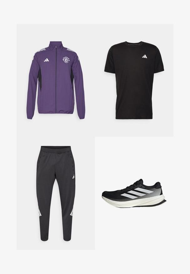 Lilla zip-up jakke lavet af letvægtsstof, med sorte sidepaneler, hvide adidas-striber og et Manchester United-logo på brystet.; Sort bomulds T-shirt med korte ærmer, rund hals og et hvidt logo på venstre bryst. Glat tekstur og enkelt design.; Sorte atletikbukser med smalle ben, elastisk taljebånd, sidelommer og hvide logoer samt stribedetaljer. Fremstillet af et glat, let materiale.; Sort atletisk sko med mesh-design, der har hvide striber, en rund tå og en tekstureret sål for greb og støtte.