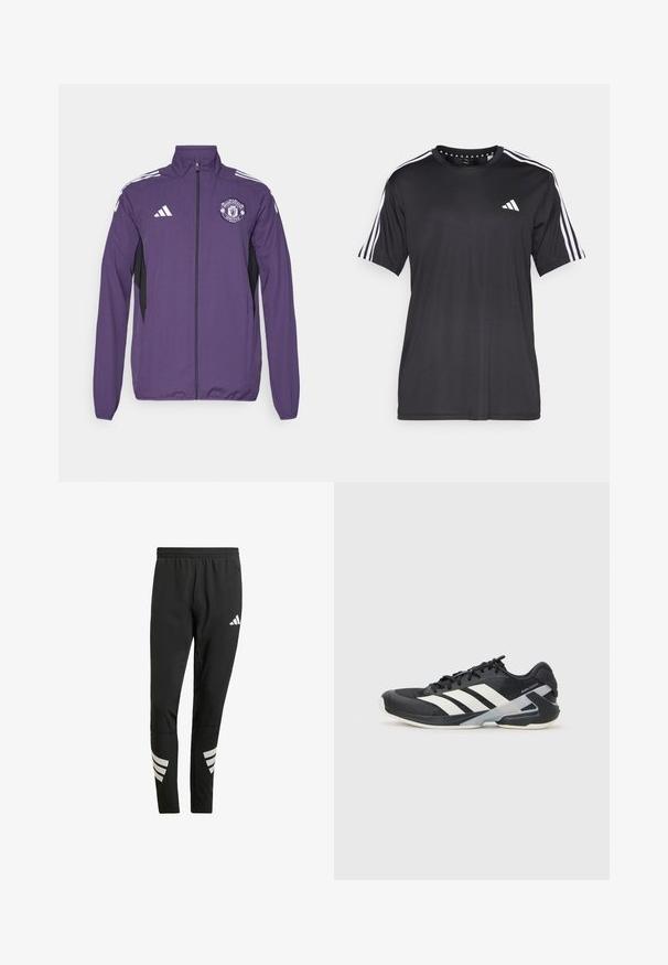 Purple zip-up jacket made of lightweight fabric, featuring black side panels, white adidas stripes, and a Manchester United logo on the chest.; Black short-sleeve t-shirt with white three-stripe design on shoulders and logo on the chest. Made from breathable fabric, smooth texture.; Black athletic pants with an elastic waistband, featuring reflective white accents in a striped pattern on the lower legs. Made from a smooth fabric.; Black athletic shoe with white stripes, mesh upper, rounded toe, and cushioned sole. Features a textured heel and secure lacing system.