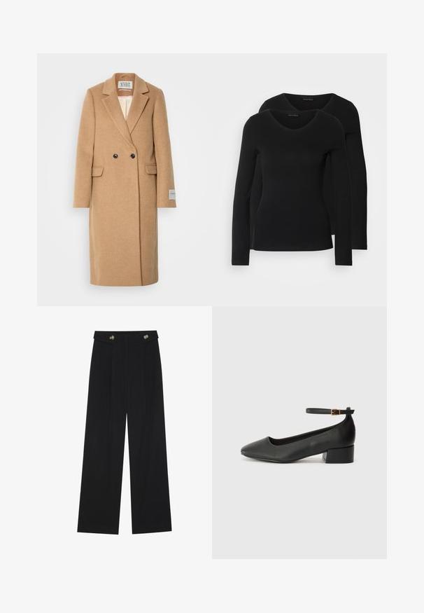 Scotch & Soda SINGLE BREASTED HERRINGBONE COAT - Cappotto classico - tabacco melange; Due camicie a maniche lunghe nere con design a V, realizzate in tessuto morbido e elasticizzato, che mostrano una superficie liscia e una forma aderente.; Pantaloni neri a gamba larga con vita alta, dettagli con bottoni in vita e pieghe frontali.; Pump in pelle nera con punta affusolata e tacco basso a blocco. Presenta una cinghia alla caviglia con una fibbia in tonalità oro. Texture liscia.