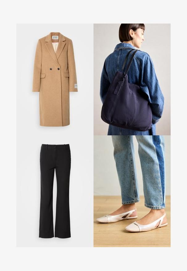 Scotch & Soda SINGLE BREASTED HERRINGBONE COAT - Manteau classique - tabacco melange; T-shirt en coton blanc avec une coupe décontractée, des manches courtes retroussées, un col rond et une texture lisse. Design simple et minimaliste.; Pantalons en mélange de coton noirs avec une coupe droite, fermeture à bouton sur le devant et deux poches latérales. Texture lisse, sans motifs visibles.; Ballerines slingback rose pâle avec un bout pointu, fabriquées en un matériau semblable au cuir lisse. Présentent des découpes sur les côtés et un talon plat.; Sac à épaule en toile navy avec une forme douce et structurée, doté d'une sangle noire, de détails cousus et d'une petite étiquette de marque.