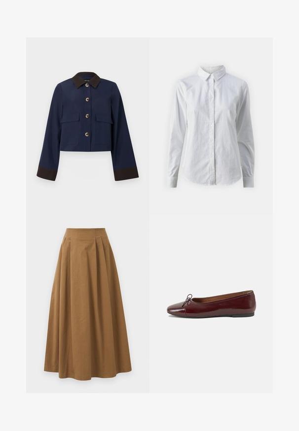 Marinblå kort jacka med brunt krage och manschetter, som har stora framfickor och bruna knappar. Slät textur, skräddarsydd design.; Vit skjorta med knappar, tillverkad av mjuk bomull, med klassisk krage, långa ärmar och en böjd fåll. Knapparna är små och vita.; Brun bomull A-linje kjol med hög midja, med veck ned längs framsidan och en mjuk textur. Sömmen är ren och enkel.; Burgunderfärgad lackläderballettskor med rund tå, liten rosettdekoration fram och en låg, svart gummisula. Slät textur.