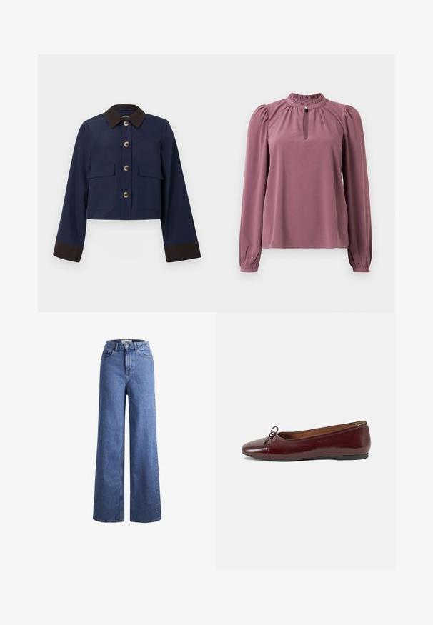 Marineblå kort jakke med brun krage og mansjetter, som har store frontlommer og brune knapper. Glatt tekstur, skreddersydd design.; Langermet mauve-bluse med rynket krage, nøkkelhull-utsnitt med knappeåpning, og litt puffede skuldre.; Lyseblå denim vide benbukser med høy midje, to frontlommer og synlig søm. Har knapp- og glidelås-lukking.; Burgunderrød lakk lær ballettleilighet med rund tå, liten sløyfe foran og en lav, svart gummisåle. Glatt tekstur.