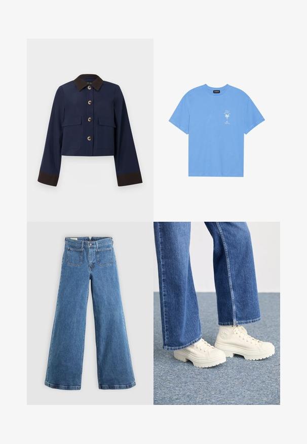 Marineblauwe kortstaande jas met een bruine kraag en manchetten, voorzien van grote voorzakken en bruine knopen. Soepele textuur, op maat ontworpen.; Lichtblauwe katoenen T-shirt met een ronde hals. Heeft een witte graphic van een palmboom en tekst op de linkerkant van de borst. Korte mouwen.; Blauwe hoge taille wijde benen jeans met voorzakken, riemlussen, knoopsluiting en ritssluiting op een effen achtergrond.; Witte hoge sneakers met dikke, geribbelde zolen en ronde logo-detail, gedragen met lichtblauwe, wijde denim jeans.