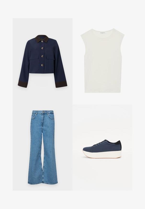 Tumesinine lühike jakk pruunide krae ja mansettidega, millel on suured eesmine taskud ja pruunid nupud. Sile tekstuur, kohandatud disain.; Valge ilma varrukateta topp ümmarguse kaelusega. Valmistatud siledast kangast, sellel on mugav lõige ja minimalistlik disain. Ei ole mustreid ega aksessuaare.; Heledad sinine flared teksade rõivad, millel on kõrge talje, viis taskut ja üks nupulukk. Pehme tekstuur ja pleekinud viimistlus.; Tumedat sinised tennised tekstureeritud riidest pealispinnaga, valge platvormi tallaga, ümarate varvaste ja musta kontsapaneeliga. Omab kuut silma paelte jaoks.