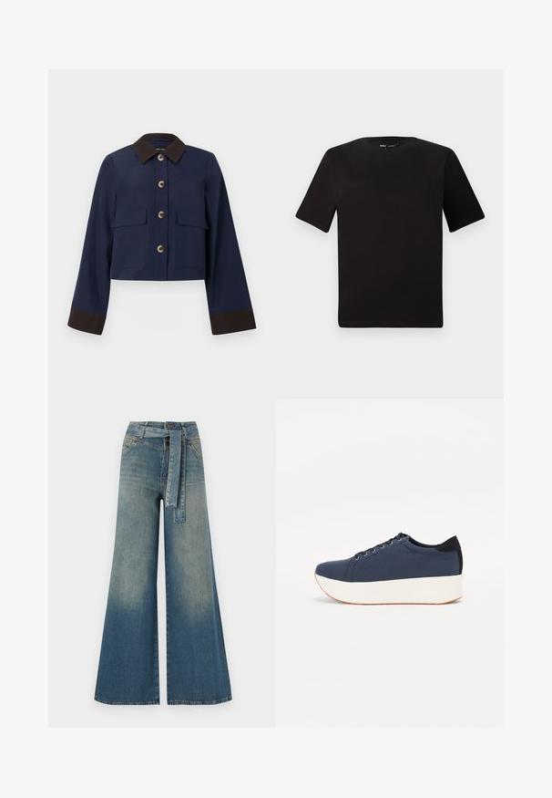 Tumesinine lühike jakk pruunide krae ja mansettidega, millel on suured eesmine taskud ja pruunid nupud. Sile tekstuur, kohandatud disain.; Must olema lühikeste varrukatega must t-särk ümmarguse kaelusega, valmistatud pehmest puuvillast kangast. Lihtne disain, ilma nähtavate logode või mustriteta.; Laiad denimpüksid, millel on hele tume sinine gradiendiefekt, kõrge vöökoht, vöökumlid ja sobivast kangast vöö. Struktureeritud denimi viimistlus.; Tumedat sinised tennised tekstureeritud riidest pealispinnaga, valge platvormi tallaga, ümarate varvaste ja musta kontsapaneeliga. Omab kuut silma paelte jaoks.