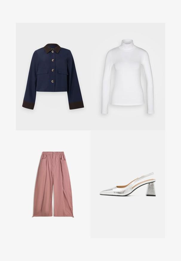 Marineblau gekürzte Jacke mit einem braunen Kragen und Manschetten, ausgestattet mit großen Taschen vorne und braunen Knöpfen. Glatte Textur, maßgeschneiderte Gestaltung.; Weißes langärmeliges Rollkragenshirt aus einem glatten, dehnbaren Stoff. Hat eine enganliegende Passform und einen hohen Kragen. Keine sichtbaren Muster oder Akzente.; Locker sitzende, hochtaillierte Hose aus weichem rosa Stoff. Mit elastischem Bund, zwei seitlichen Taschen und einer glatten, strukturierten Oberfläche.; Silberne Slingback-Pumps mit spitzem Zeh, texturaler metallischer Oberfläche und einem dreieckigen Blockabsatz. Das Innere weist braune Lederdetails auf.