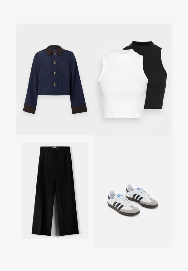 Marineblau gekürzte Jacke mit einem braunen Kragen und Manschetten, ausgestattet mit großen Taschen vorne und braunen Knöpfen. Glatte Textur, maßgeschneiderte Gestaltung.; Zwei ärmellose, gerippte Rollkragenoberteile in Schwarz und Weiß, mit einer figurbetonten Passform und glatter Textur sowie einer cropped Länge.; Schwarze weite Hosen aus leichtem Stoff, mit einem Knopfverschluss vorne und flachem Bund, mit sorgfältig genähten Säumen.; Sportschuhe mit einem Obermaterial aus weißem Leder, grauer Wildleder-Zehenkappe und drei schwarzen Streifen. Sie verfügen über ein blaues Logo auf der Zunge und eine strukturierte Gummisohle.
