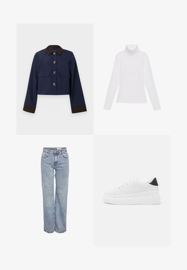 Marineblauwe kortstaande jas met een bruine kraag en manchetten, voorzien van grote voorzakken en bruine knopen. Soepele textuur, op maat ontworpen.; Witte lange mouw turtleneck top gemaakt van glad, elastisch materiaal. Voorzien van een hoge kraag en een getailleerd ontwerp, zonder zichtbare patronen of versieringen.; Lichtblauwe wijde jeans gemaakt van denim, met een hoge taille, vijf zakken en subtiele vervaging voor een versleten uitstraling.; Witte platform sneakers van glad synthetisch materiaal, met een afgeronde neus, vetersluiting en een gestructureerde rubberen zool. Zwarte hielaccent.