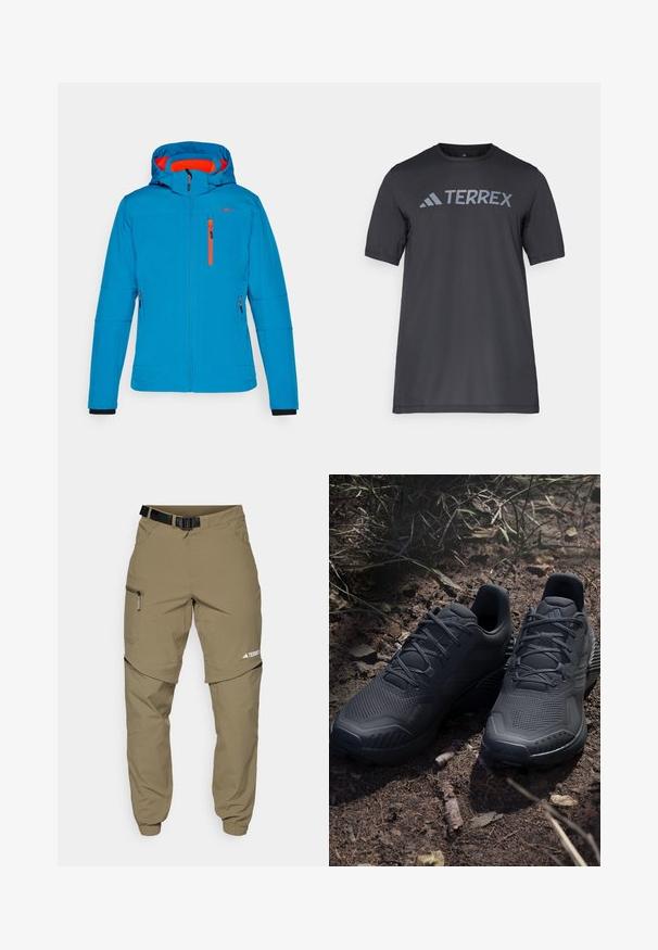 Blå hettejakke med oransje detaljer og glidelåser. Har en frontglidelås, to sidelommer og en avslappet passform.; Svart t-skjorte med kort erm laget av lett stoff, med en lys grå "TERREX" logo på tvers av brystet og rund hals.; Kakhifargede friluftsbukser med justerbart svart belte, glidelåslommer, avsmalnende ermer og avtagbare underben for variert styling.; Svarte atletiske sko med en strukturert strikket overdel, forsterket tå og polstret såle, utstilt på jordaktig grunn med spredte kvister.