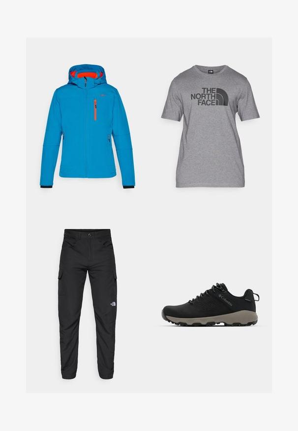 Veste à capuche bleue avec des accents et des fermetures éclair orange. Dotée d'une fermeture éclair à l'avant, de deux poches latérales et d'un design à coupe décontractée.; T-shirt gris à manches courtes en mélange de coton, avec un imprimé graphique noir "THE NORTH FACE" et un détail de logo incurvé sur le devant.; The North Face HORIZON PANT - Pantalons outdoor - black; Chaussure de randonnée noire avec une tige lisse, un design perforé, une semelle extérieure grise et un talon renforcé. Comprend des lacets et une languette pour un enfilage facile.