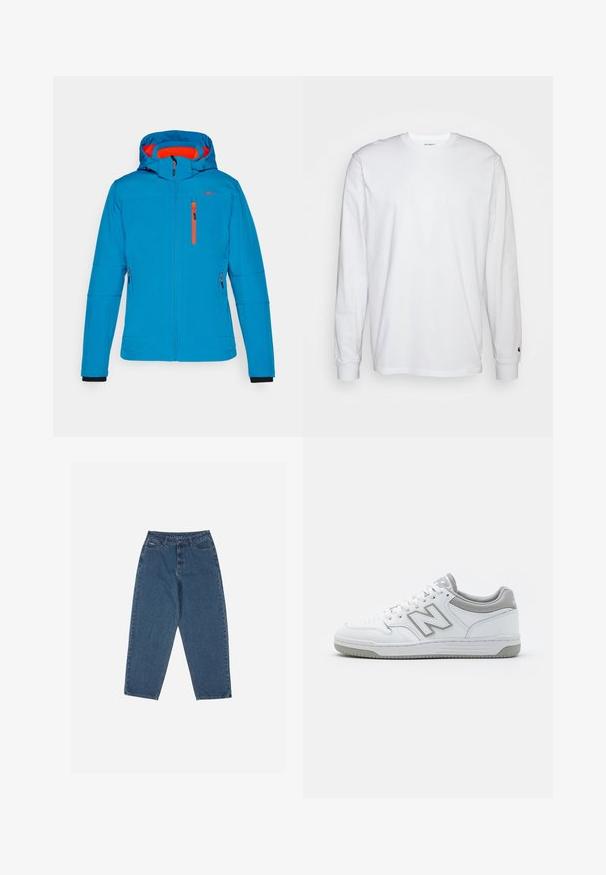 Blauwe hooded jas met oranje accenten en ritsen. Voorzien van een vooraan gesloten rits, twee zijzakken en een ontspannen pasvorm.; Witte lange mouwen T-shirt van katoen. Ronde hals ontwerp met ribgebreide manchetten en een klein logo op de linkermouw. Gladde textuur.; Blauwe denim jeans met een ontspannen pasvorm, hoge taille, vijf-pocket ontwerp en stikselaccenten. Voorzien van een knoop- en ritssluiting.; Witte leren sneakers met grijze accenten, voorzien van een geperforeerde neus, platte veters en een patroon op de zool. New Balance-logo aan de zijkant.