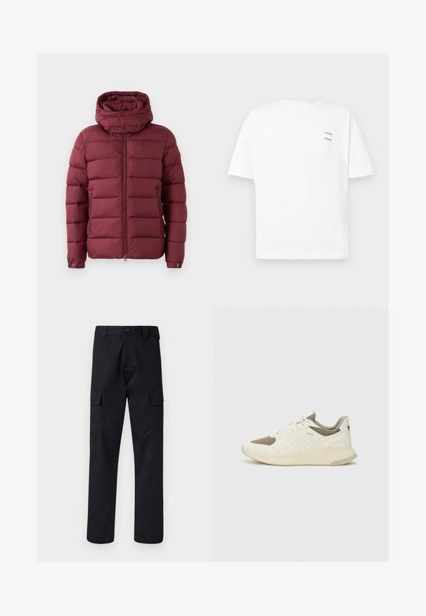 Tumši sarkans pūkains mētelis ar augstu apkakli, rāvējslēdzēju priekšā un pogām uz spiedpoga. Iezīmējas ar kvadrātu tekstūru un sānu kabatām papildu funkcionalitātei.; Balta kokvilnas T-kreklu ar brīvu piegriezumu, īsām piedurknēm un V-veida kaklu. Izvērsītas divas mazas melnas drukātas logo kreisajā pusē.; Melni kravas bikses, kas izgatavotas no izturīga auduma, ar taisnu kāju griezumu, divām sānu kabatām un pogu aizdari jostas vietā.; Baltas un gaiši bež sporta apavi, ar sieta augšdaļu, perforētiem detaļām un teksturētu vidusdaļu ar zīmolu uz papēža.