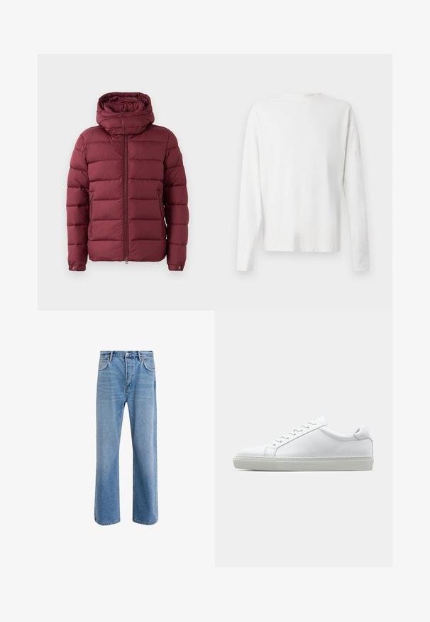 Giacca a vento bordeaux con colletto alto, chiusura con zip e bottoni a pressione. Presenta una texture trapuntata e tasche laterali per una maggiore funzionalità.; Camicia bianca in cotone a maniche lunghe con scollatura rotonda, spacchi laterali in fondo e una texture liscia, mostrata da dietro.; Jeans in denim blu chiaro con design a gamba dritta, cinque tasche, chiusura con bottone, leggero sbiadimento e dettagli di cucitura a contrasto.; Sneaker bianco con tomaia in pelle liscia e profilo basso. Presenta una punta arrotondata, sei occhielli e una suola in gomma testurizzata.