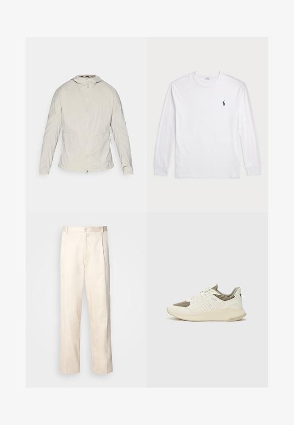 Lys beige jakke, foran glidelås, hette, elastiske mansjetter, to sidelommer og glatt, strukturert stoff. Minimalistisk design, ingen synlige logoer.; Hvit langermet T-skjorte laget av bomull. Har rund hals, ribbestrikkede mansjetter, og en liten marineblå polo-logo på venstre bryst.; Beige bomullsbukser med rett benfatt, med knappelukking og folder foran for ekstra detaljer.; Hvit og lysebeige treningssko, med en mesh-overdel, perforerte detaljer og en teksturert mellomsåle med merkevare på hælen.