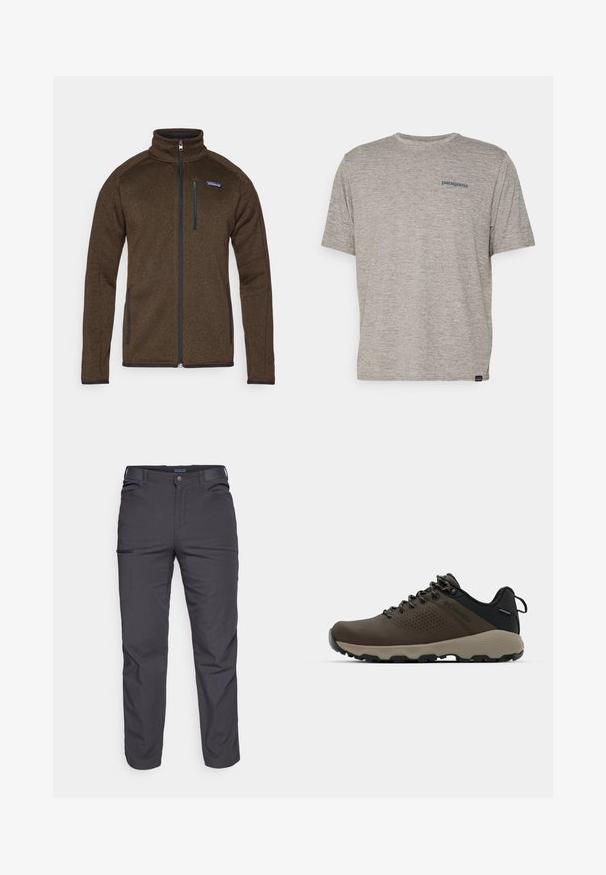 Smeđa flis jakna s visokim ovratnikom, punim prednjim zatvaračem i dva bočna džepa. Ima mali plavi Patagonia logo na gornjoj lijevoj strani.; Siva majica kratkih rukava izrađena od mekane, teksturirane tkanine s malim plavim Patagonia logotipom na lijevoj strani prsiju. Bez dodatnih uzoraka.; Tamno sivi hlače od izdržljive tkanine, s patentnim zatvaračem na džepu, ravnog kroja i s petljama za remen za podešavanje veličine.; Smeđe vodootporne tenisice s teksturiranom gornjom i perforiranim detaljima, crnom potporom za petu i sivim gumiranim potplatom. Čipke su stilizirane s metalnim krajevima.