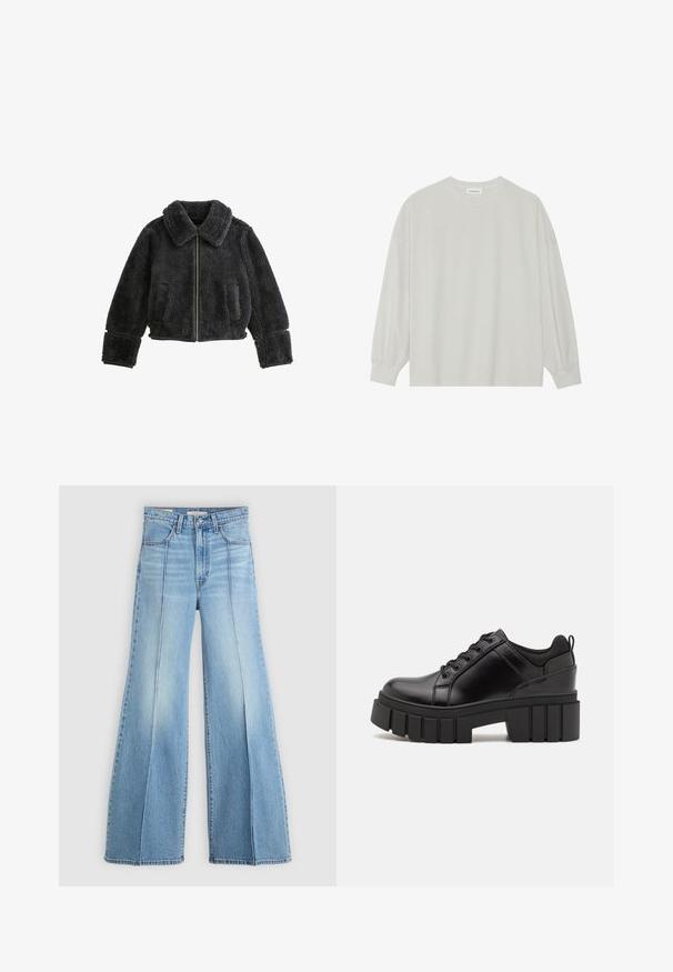 Chaqueta corta de pelaje sintético negro con un amplio cuello, cierre de cremallera y dos bolsillos frontales. Presenta una tela texturizada y puños sueltos.; Camiseta de manga larga gris claro hecha de algodón suave. Presenta un corte holgado, cuello redondo y puños ligeramente fruncidos. Sin patrones ni gráficos.; Jeans de tiro alto en azul claro, con piernas anchas, bolsillos delanteros y traseros, pasadores para cinturón y detalles de costura vertical en la parte frontal.; Zapatos de plataforma de cuero negro con un tacón cuadrado grueso, punta redonda y diseño tradicional de cordones. Presenta una textura suave y un detalle minimalista.