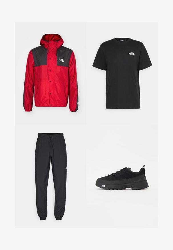 Röd och svart vindjacka med huva; har tryckknappar, sidofickor och "The North Face"-logotyp på vänster bröst.; Svart bomull t-shirt med kort ärm, rund halsringning och en liten vit logga på vänster bröst. Enkelt design, mjuk textur och avslappnad passform.; Svarta träningsbyxor tillverkade av lättviktsmaterial, med dragsko i midjan, sidofickor och avsmalnande muddar vid anklarna.; Svart utomhussko med ovandel i mocka, texturerad gummisula och robust snörningssystem. Har en förstärkt häl och varumärkeslogotyp på sidan.